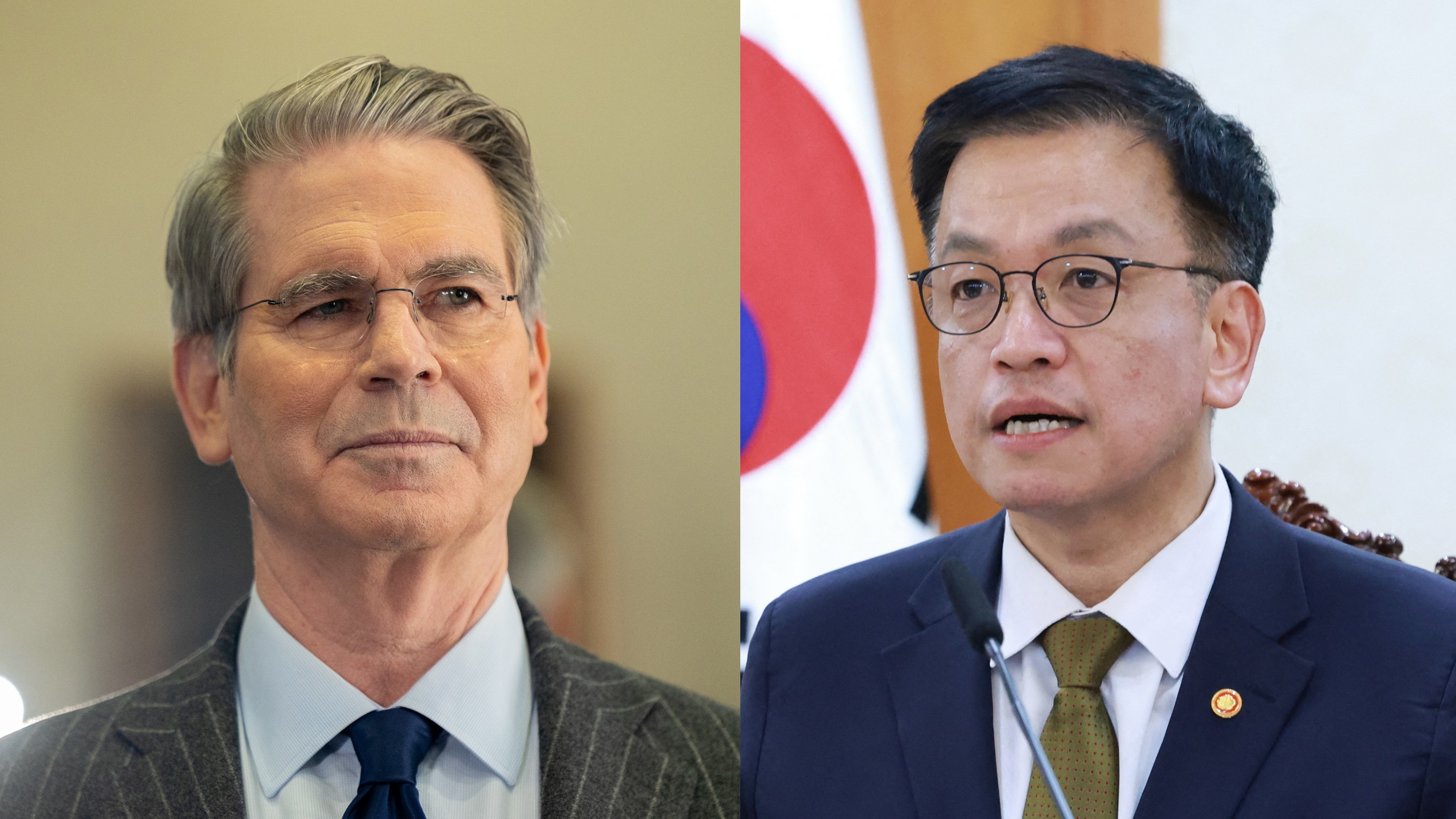 美國財政部長貝森特(Scott Bessent)(左)、南韓財政部長崔相穆(Choi Sang-mok)(右)。合成圖。(AFP)