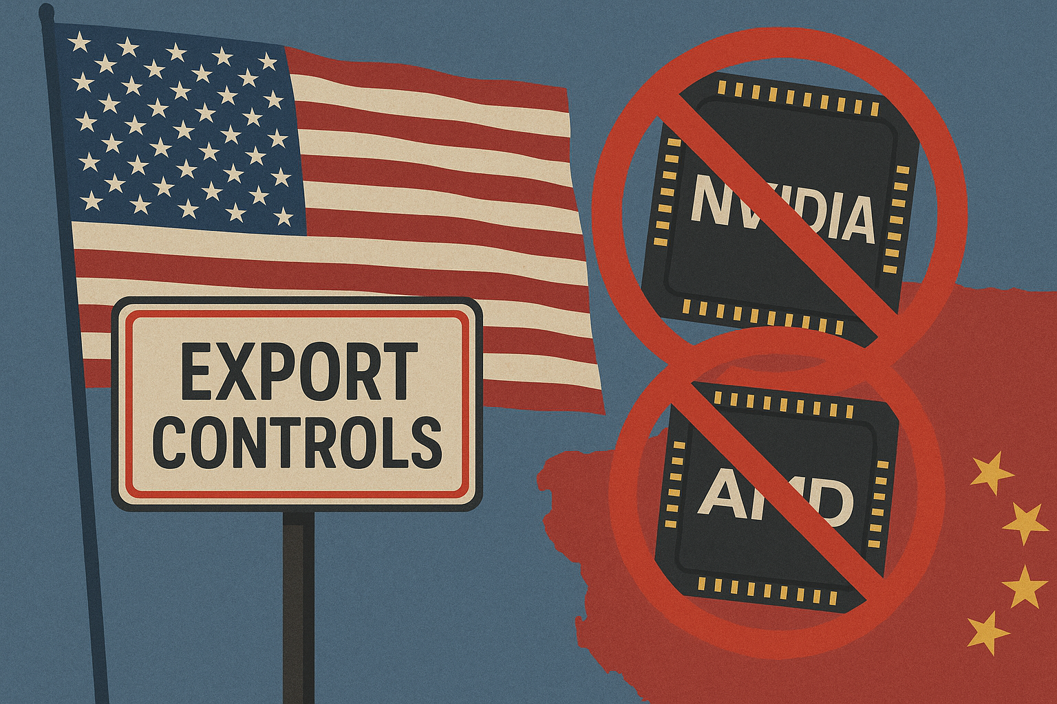 美國發布新的出口許可要求，包括NVIDIA的降規版H20晶片、AMD的MI308晶片，以及同等級晶片銷中，都納入管制範圍。(AI生成圖)
