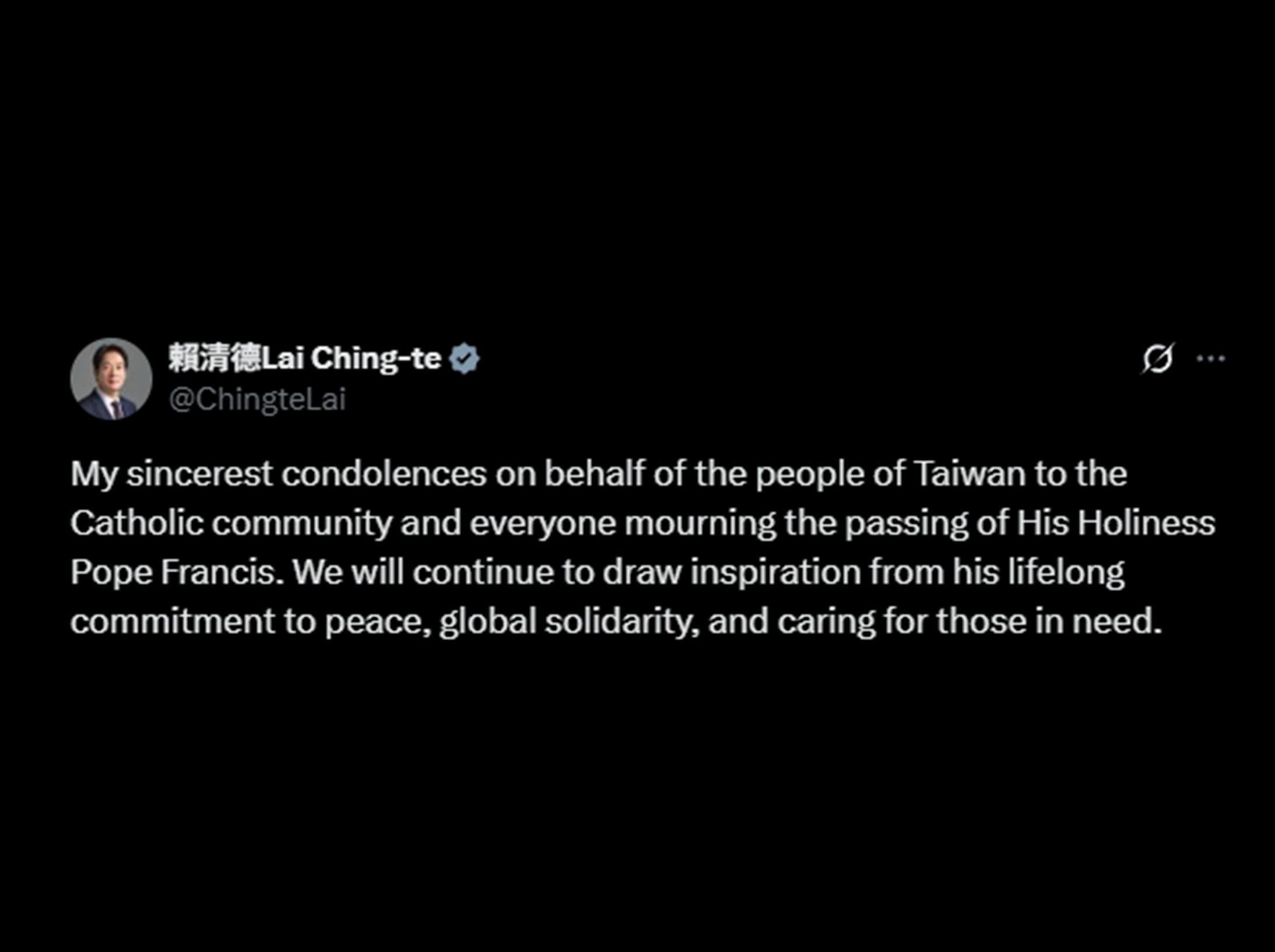 教宗方濟各過世，賴總統表達誠摯哀悼。(X平台@ChingteLai)