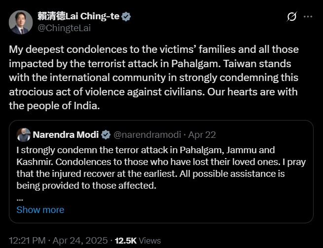 克什米爾22日發生恐攻，賴總統轉發印度總理莫迪貼文致哀與譴責。(X@ChingteLai)