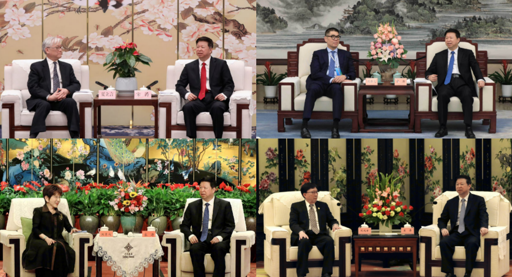 在川普對中國祭出高額對等關稅後，國台辦主任宋濤過去兩週接連會見國民黨副主席夏立言(左上)、國民黨前主席洪秀柱(左下)、國民黨副主席連勝文(右上)與前行政院長劉兆玄(右下)。(圖取自國台辦微博)