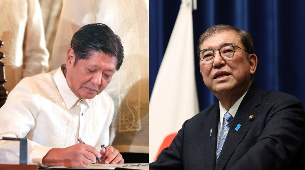 日本首相石破茂(右)為期兩天的訪問，第一站將於今天稍晚在馬尼拉會見菲律賓總統小馬可仕(左)。(資料合成圖)