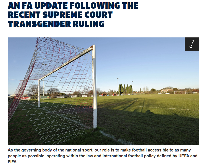 英格蘭足球總會1日宣布，自2025年6月1日起，跨性別女性將不再能夠參加女子足球比賽。(圖：thefa.com)