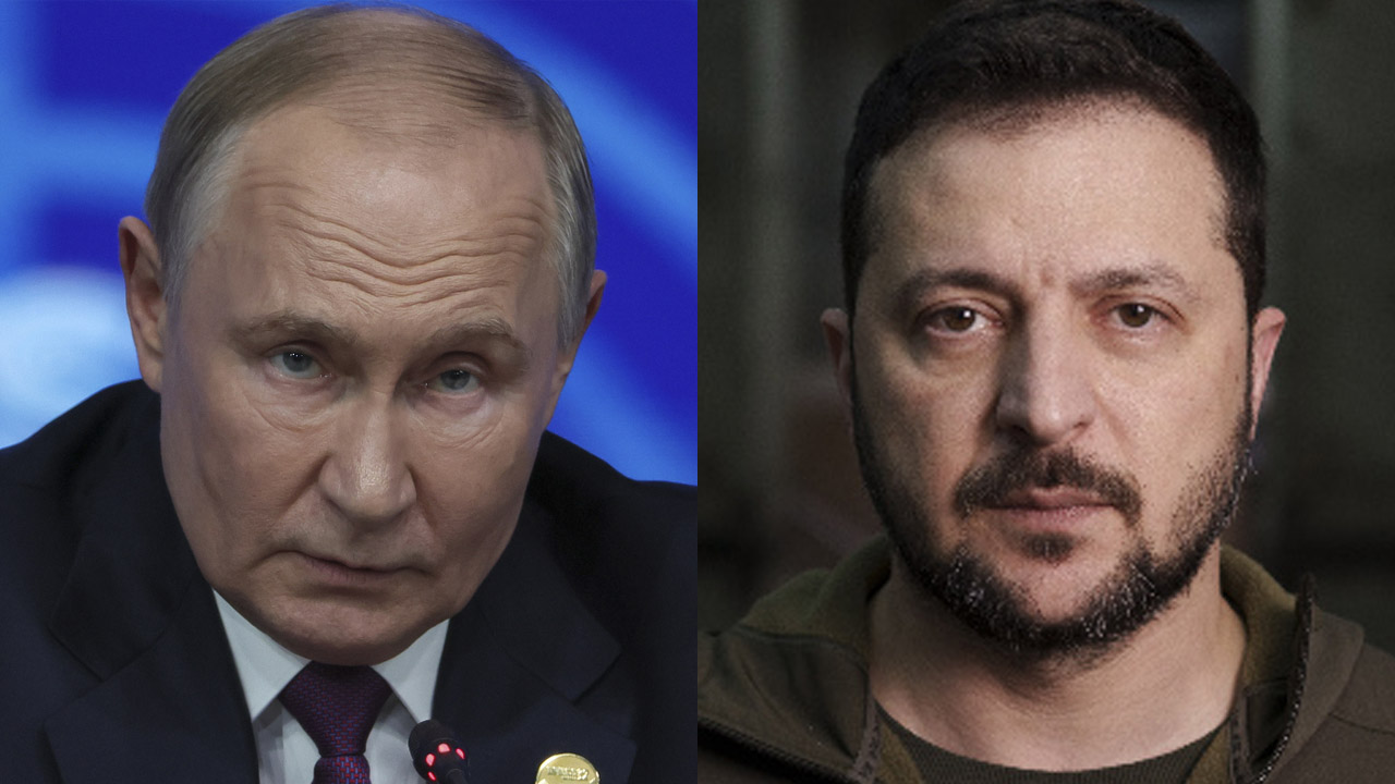 俄羅斯總統蒲亭(左)與烏克蘭總統澤倫斯基(右)。合成資料照。(美聯社/達志影像)