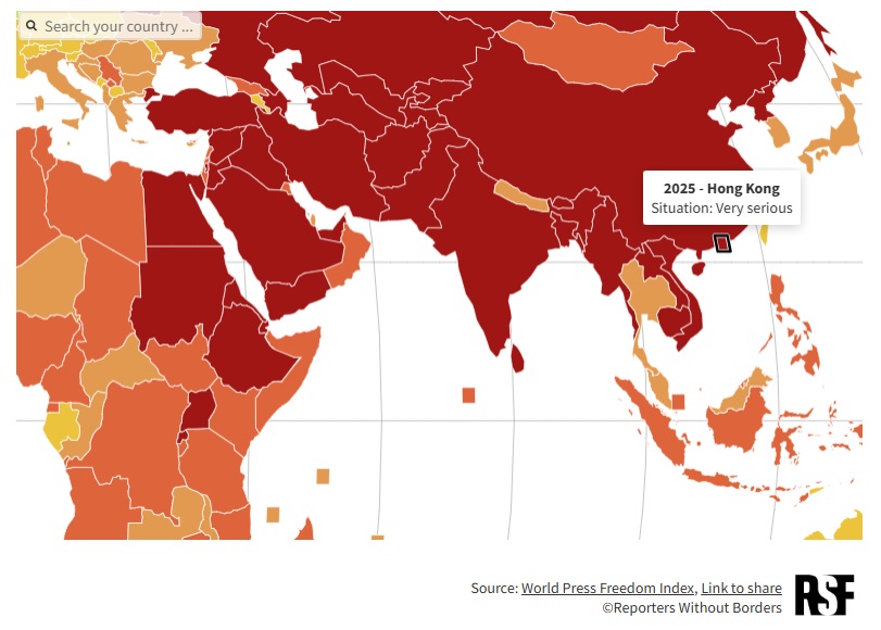 2025年世界新聞自由指數於近日公布，香港新聞自由排名下跌至140位，並首次被歸類於「狀況惡劣」(Very Serious Situation)。(RSF)