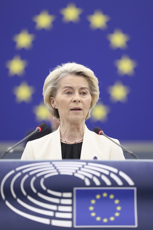 歐盟執委會主席范德賴恩7日在歐洲議會提出3大援烏行動以達持久和平，包括支持國防、俄國能源完全退場、加速烏克蘭進入歐盟。她說入盟「可以是最強的安全保證」。（歐洲議會提供） (圖：中央社)