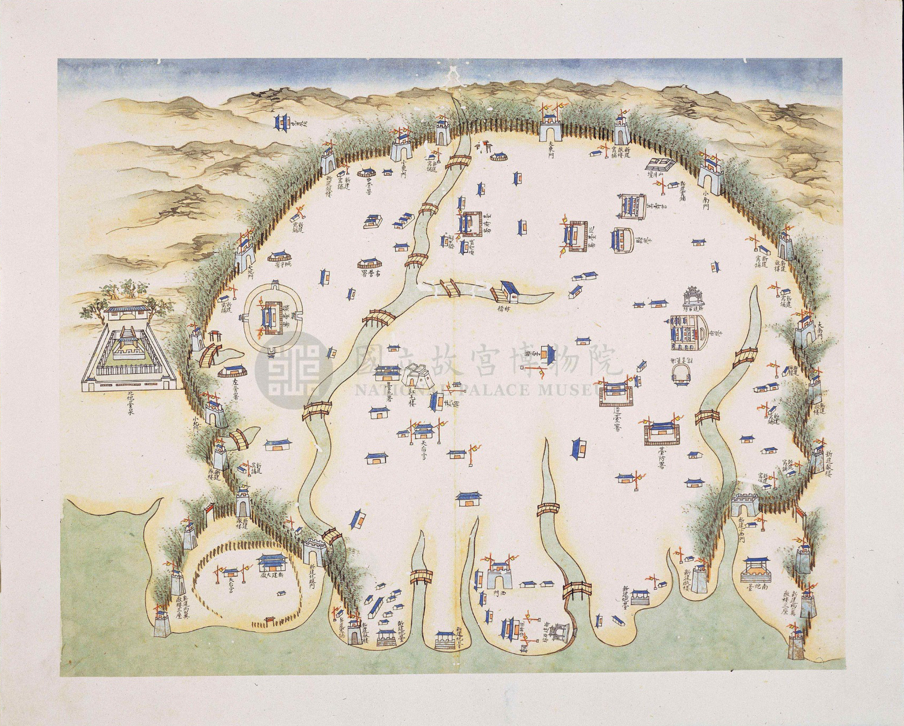 國立故宮博物院藏《重修臺郡各建築圖說》彩繪本一冊79件，是了解18世紀的台灣相當重要一件圖籍資料。(故宮提供)