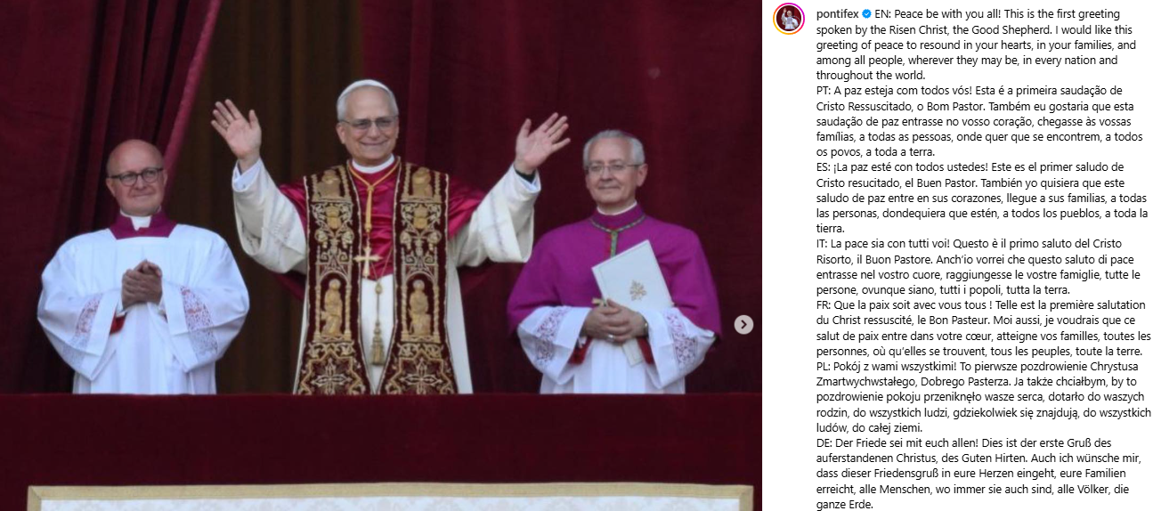 教宗良十四世(Pope Leo XIV)接手梵蒂岡官方社群媒體的帳號名稱，13日在Instagram發表了第一則貼文。(IG)