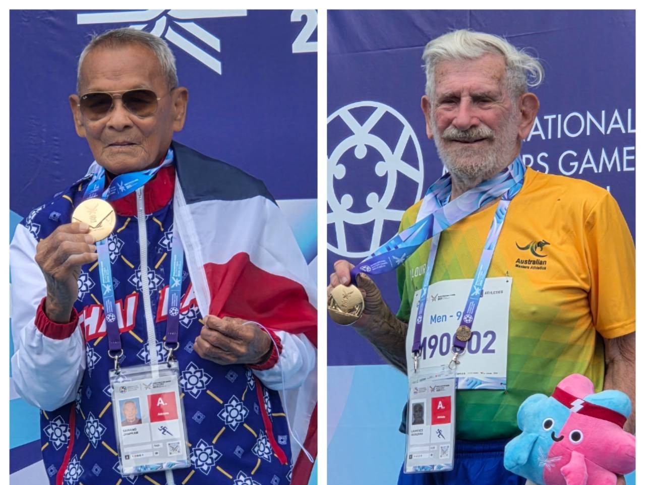 世壯運18日進行首日賽程，105歲泰國選手Sawang Janpram(左)、昆凌爺爺(Laurence Quinlivan)在標槍項目雙雙奪金。(江昭倫 攝)