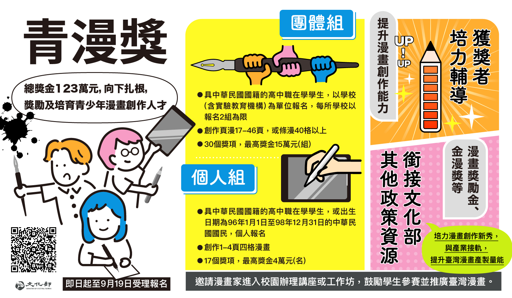 文化部26日公布首屆「青漫獎」徵件即日起正式啟動，鼓勵高中職年紀的青少年，投入台漫創作。(文化部提供)
