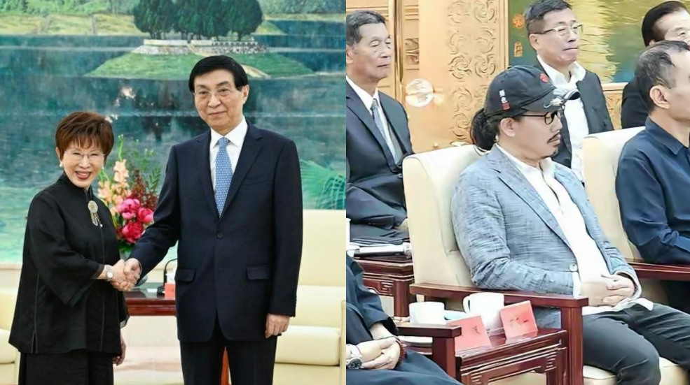 前國民黨主席洪秀柱(左圖左)近日率領多個台灣媒體高層、工商界人士前往北京會見中國全國政協主席王滬寧(左圖右)，與會者包括藝人周杰倫的御用作詞人方文山(右圖)，引發熱議。(圖取自微博/央廣合成)
