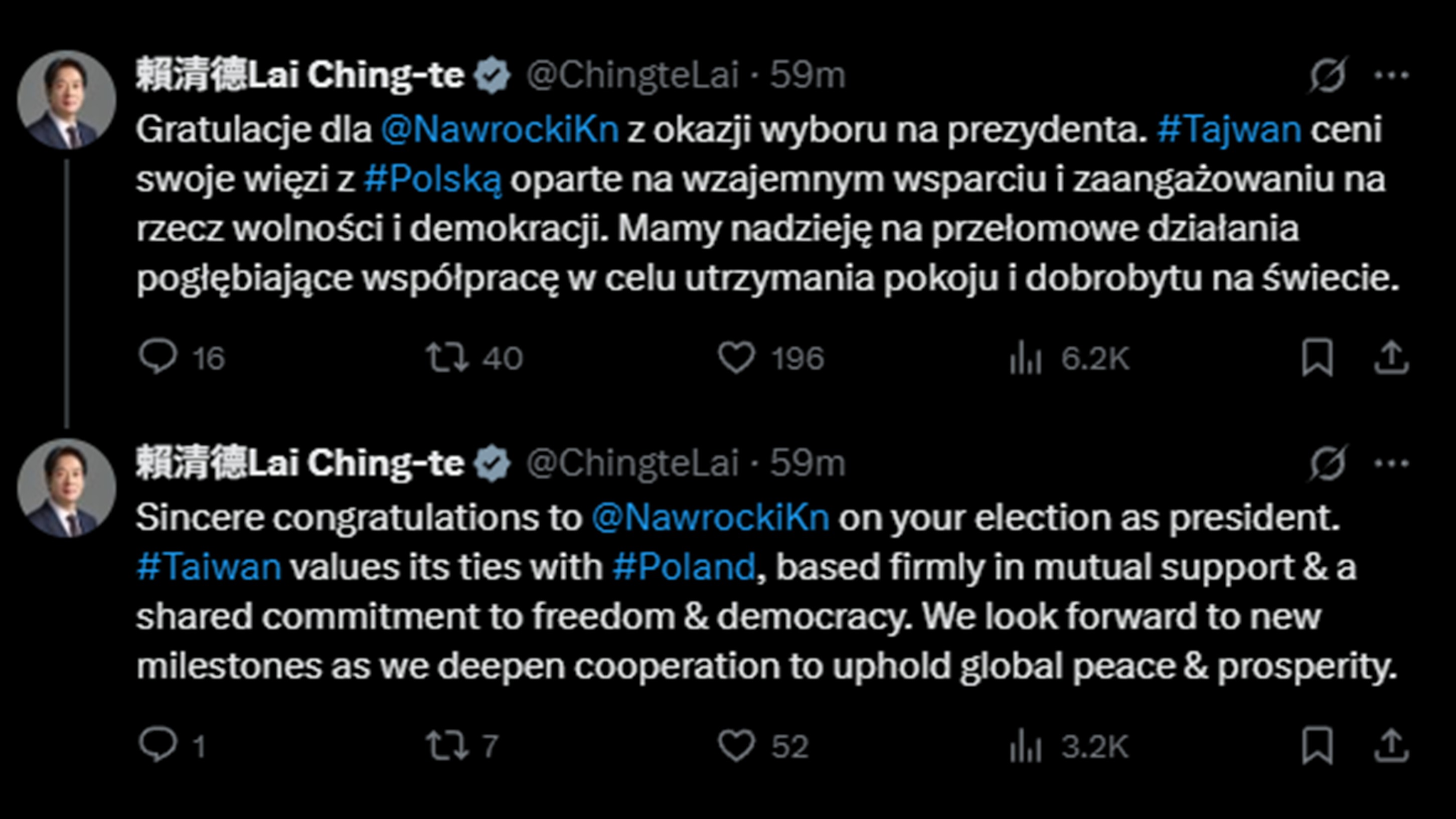 賴清德總統透過社群平台X發文，以波蘭文及英文向波蘭總統當選人納夫羅茨基表達祝賀。(X平台@ChingteLai)