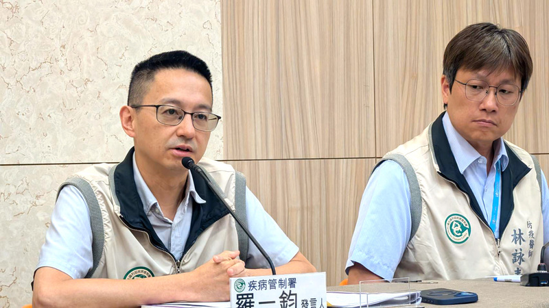 衛福部疾管署發言人羅一鈞（左）3日表示，5月25日至31日國內COVID-19門急診人次近6.3萬，已連續8週上升；5月27日至6月2日新增132例併發重症本土病例、15例本土病例死亡，其中就診人次與重症人數雙創今年新高。(圖：中央社)